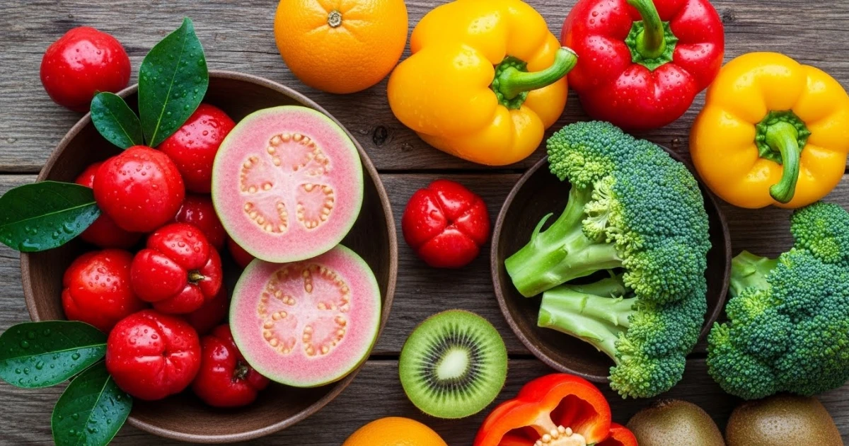 Cesta variada com frutas e vegetais ricos em vitamina C