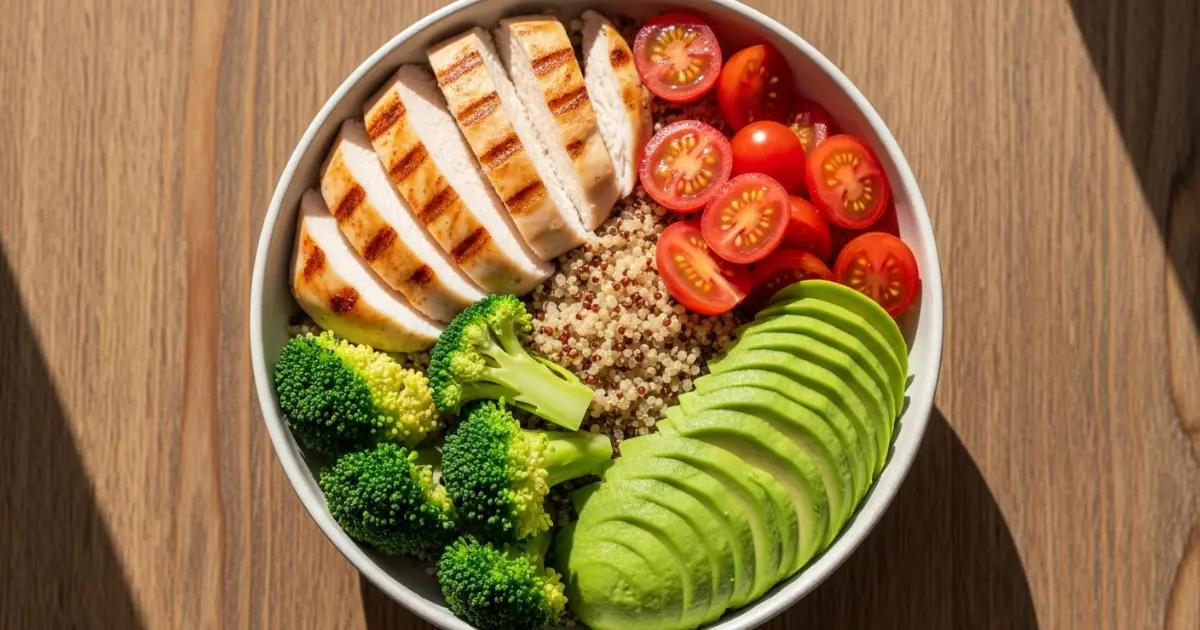 Prato de almoço equilibrado e colorido com proteínas, vegetais e gorduras boas