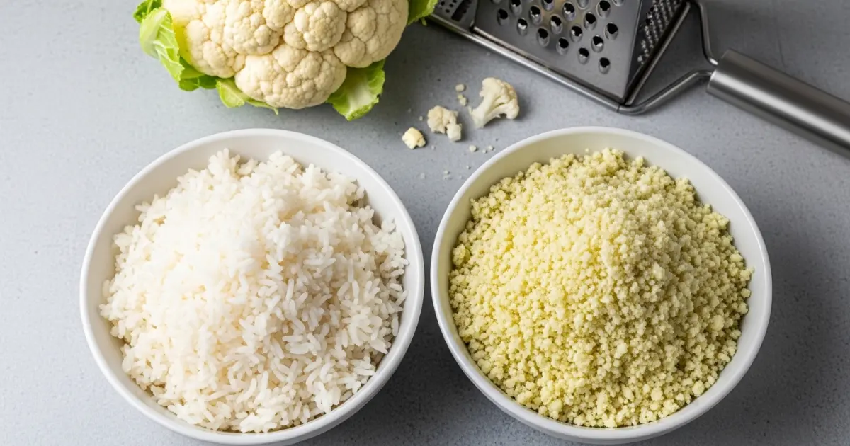 Prato dividido mostrando arroz branco de um lado e arroz de couve-flor do outro