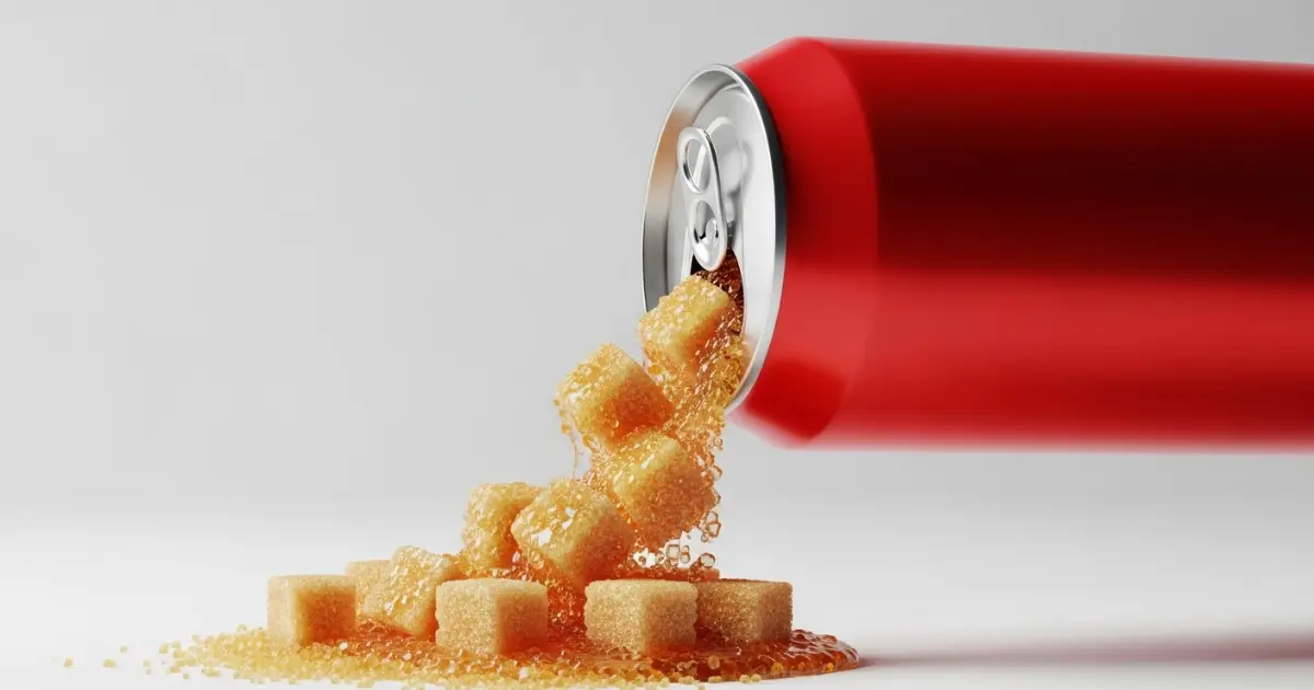 Ilustração conceitual mostrando açúcar saindo de uma lata para ilustrar o alto teor de açúcar em bebidas adoçadas