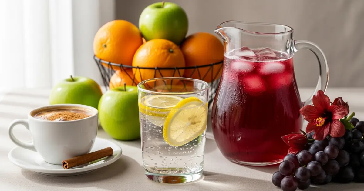 Alternativas saudáveis a bebidas adoçadas: água com gás e limão, chá de hibisco gelado, frutas frescas e café cold brew com canela.