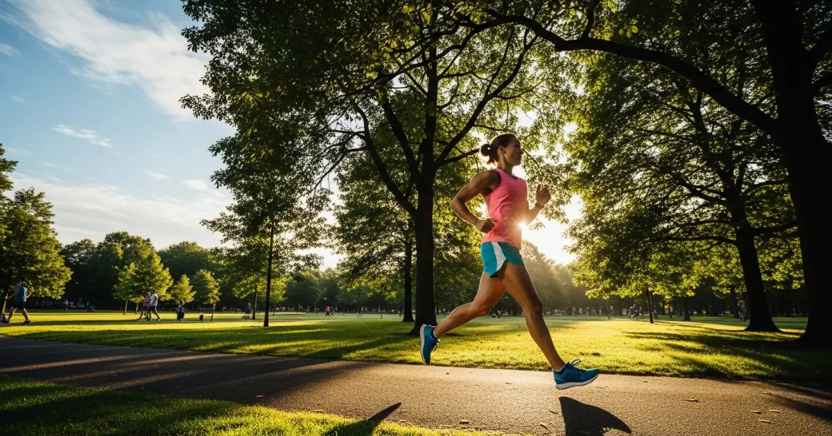 Pessoa correndo no parque pela manhã, demonstrando os benefícios do aeróbico em jejum para a disposição.
