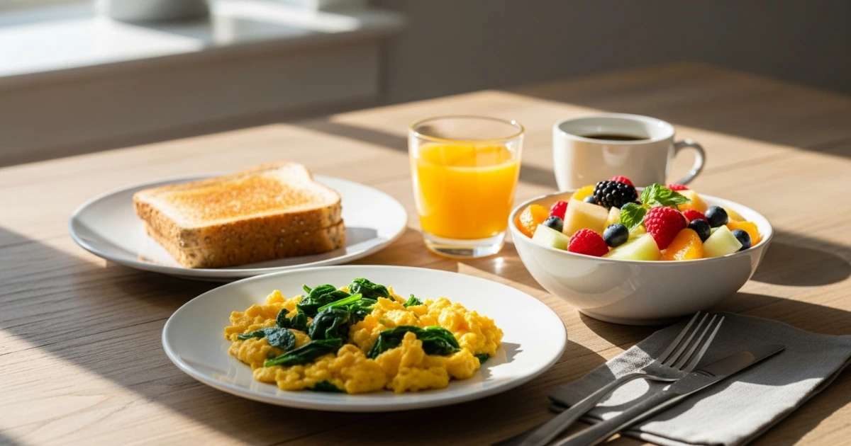 Café da manhã nutritivo e completo com ovos e frutas para evitar fome noturna