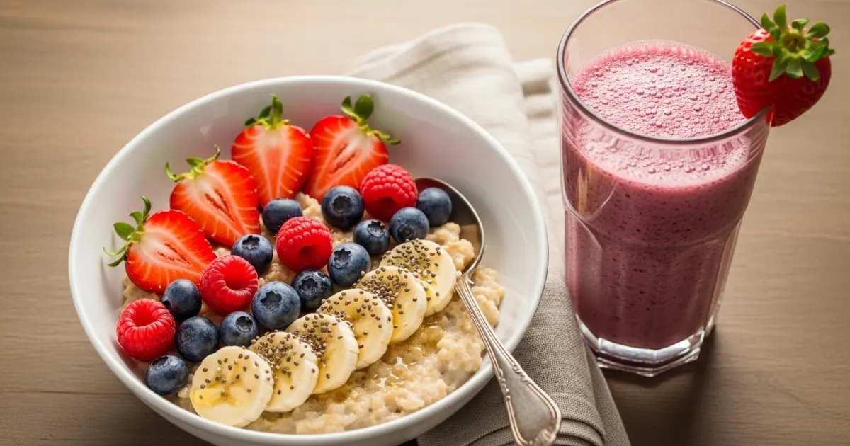 Café da manhã saudável com aveia, frutas e shake de proteína, ideal para o pós-treino de aeróbico em jejum.