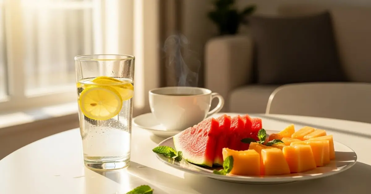 Café da manhã detox com água com limão, chá verde e frutas frescas para recuperação pós-festas