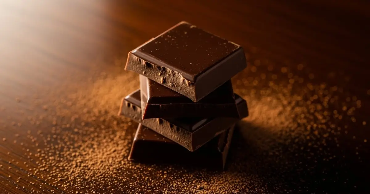 Pedaços de chocolate amargo 70% cacau e cacau em pó