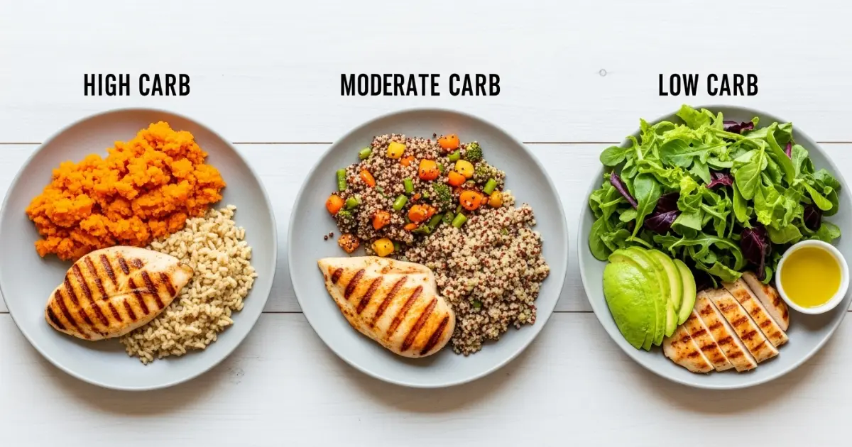 Comparação de pratos com diferentes níveis de carboidratos