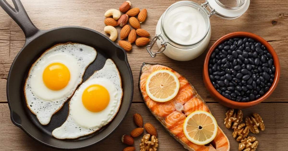 Alimentos ricos em proteína (ovos, peixe, feijão, iogurte) e copo de água — opções para acelerar o metabolismo