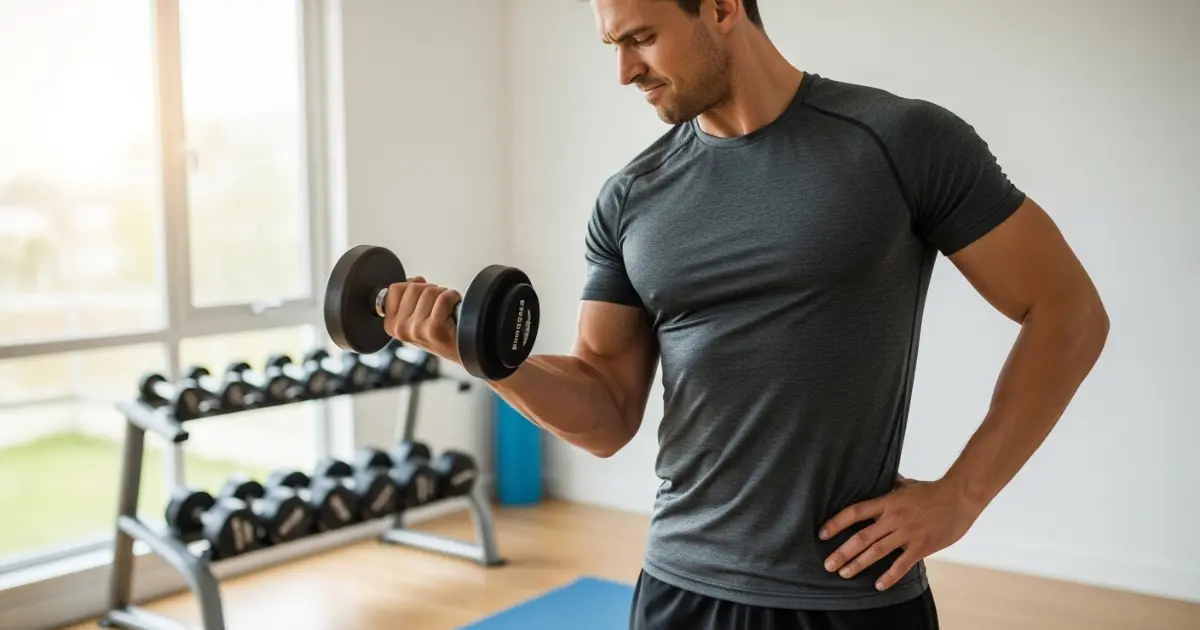 Pessoa realizando treino de força com halteres para aumentar a massa muscular e acelerar o metabolismo