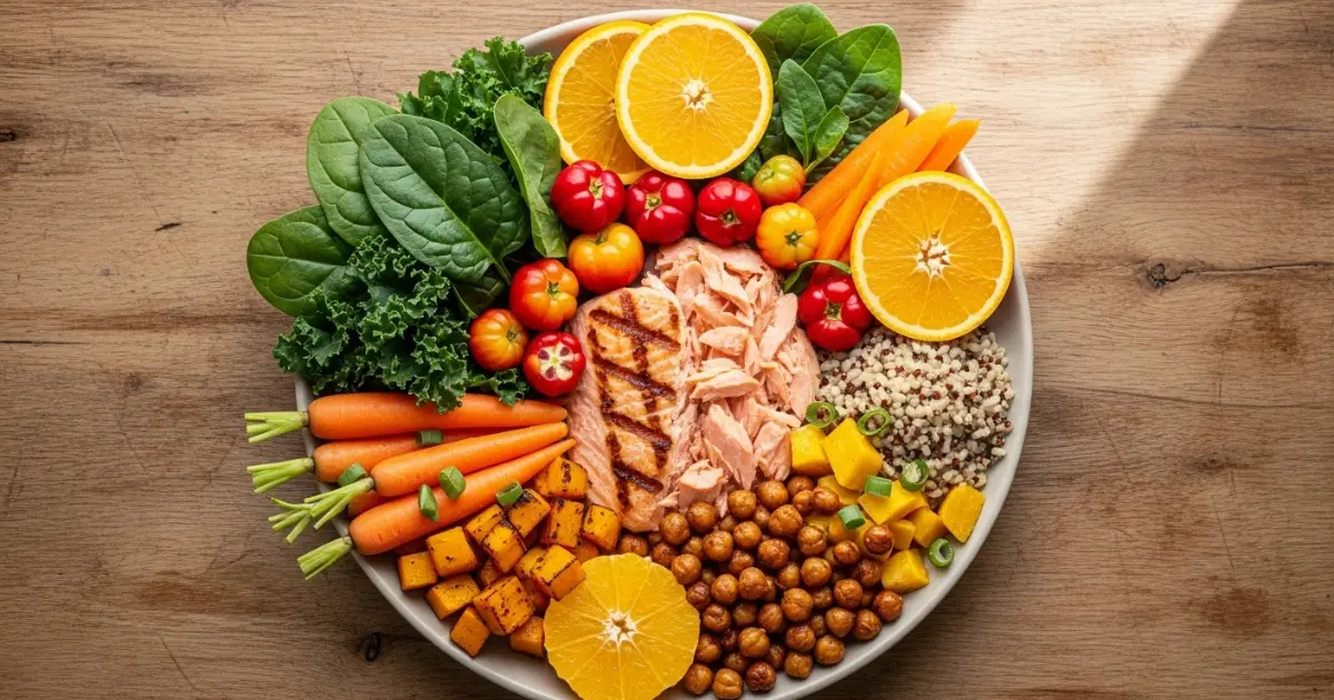 Prato colorido com alimentos ricos em vitaminas para fortalecer o sistema imunológico