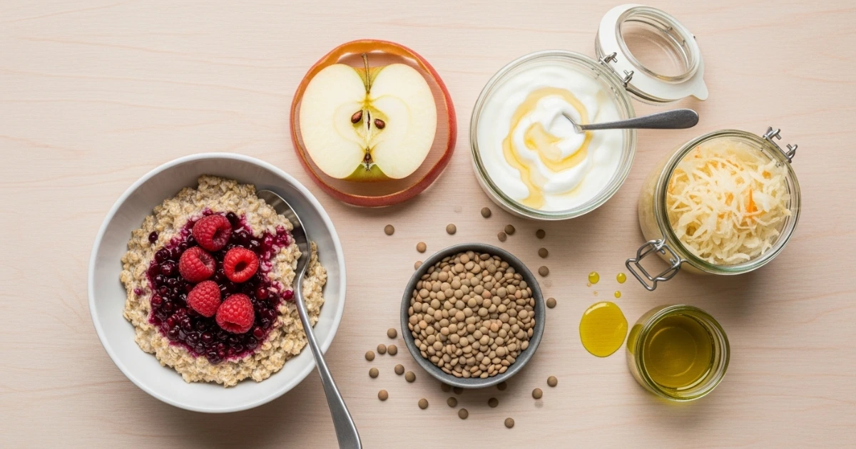 Mix de alimentos ricos em fibras (integrais, frutas, leguminosas) e fontes fermentadas