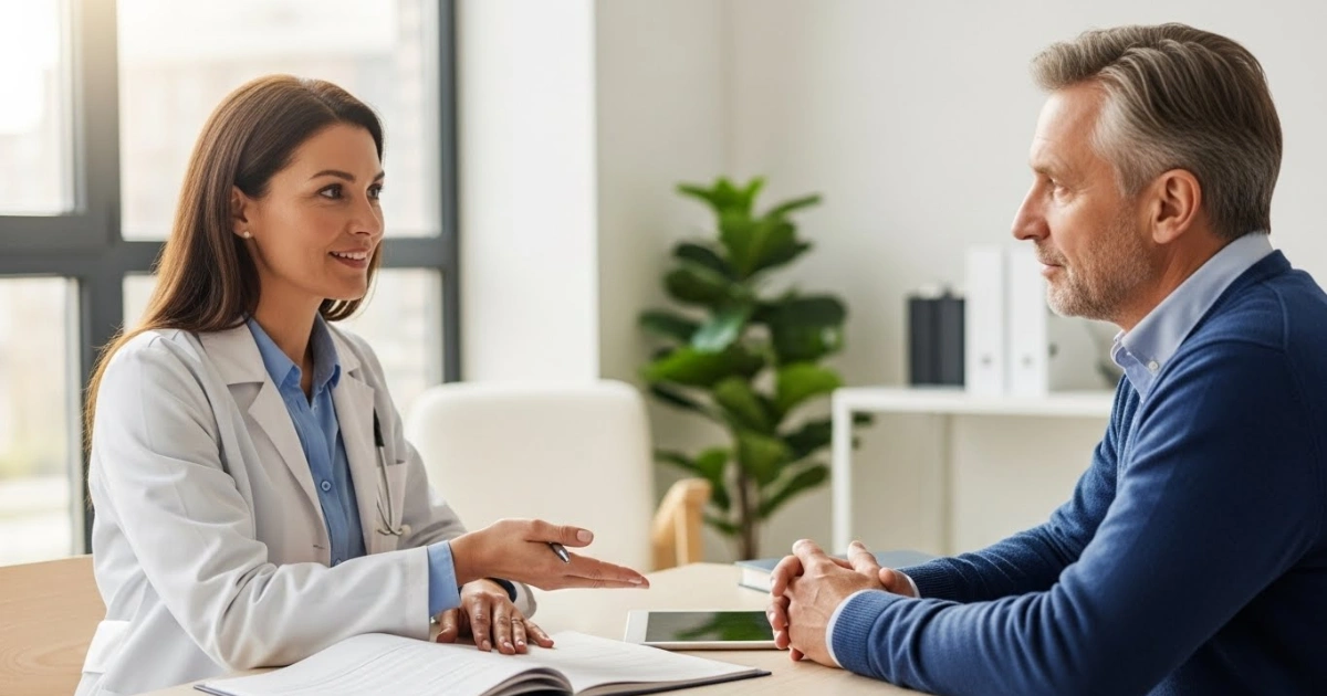 Médico endocrinologista orientando paciente sobre tratamento de obesidade
