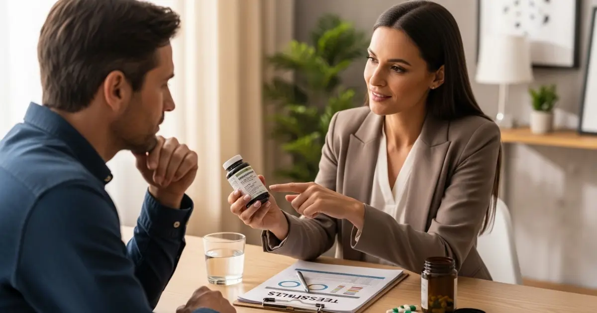 Nutricionista explicando rótulo de suplemento a paciente durante consulta