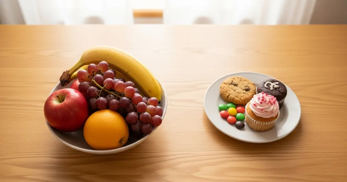 Comparação: frutas inteiras à esquerda e doces industrializados à direita