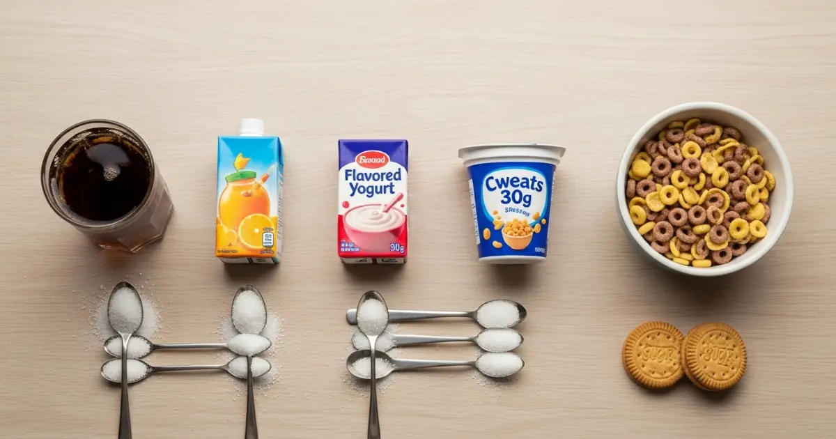 Bebidas e lanches infantis com colheres de chá empilhadas na frente, ilustrando a quantidade de açúcar em cada item