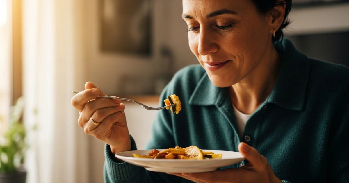 Pessoa saboreando uma garfada com expressão relaxada, representando prazer consciente na refeição livre.