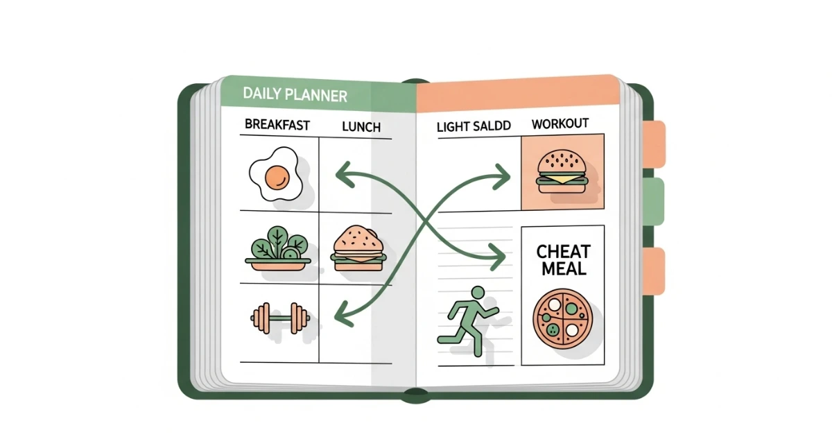 "Ilustração de um plano diário com ícones de refeições mostrando alocação de margem de calorias para a refeição livre.