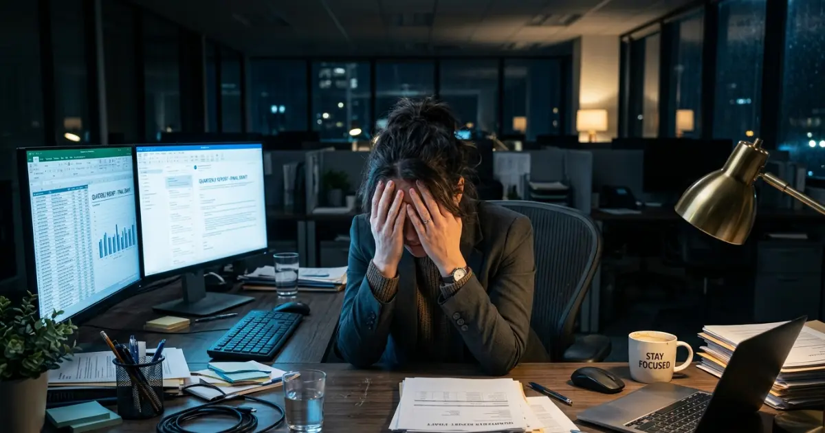 Fotografia de uma pessoa demonstrando extremo cansaço e frustração no ambiente de trabalho, com as mãos no rosto
