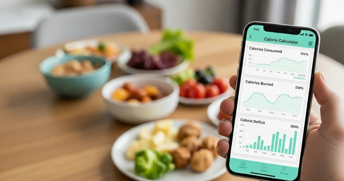 Tela de calculadora de calorias e gráficos para monitoramento de déficit