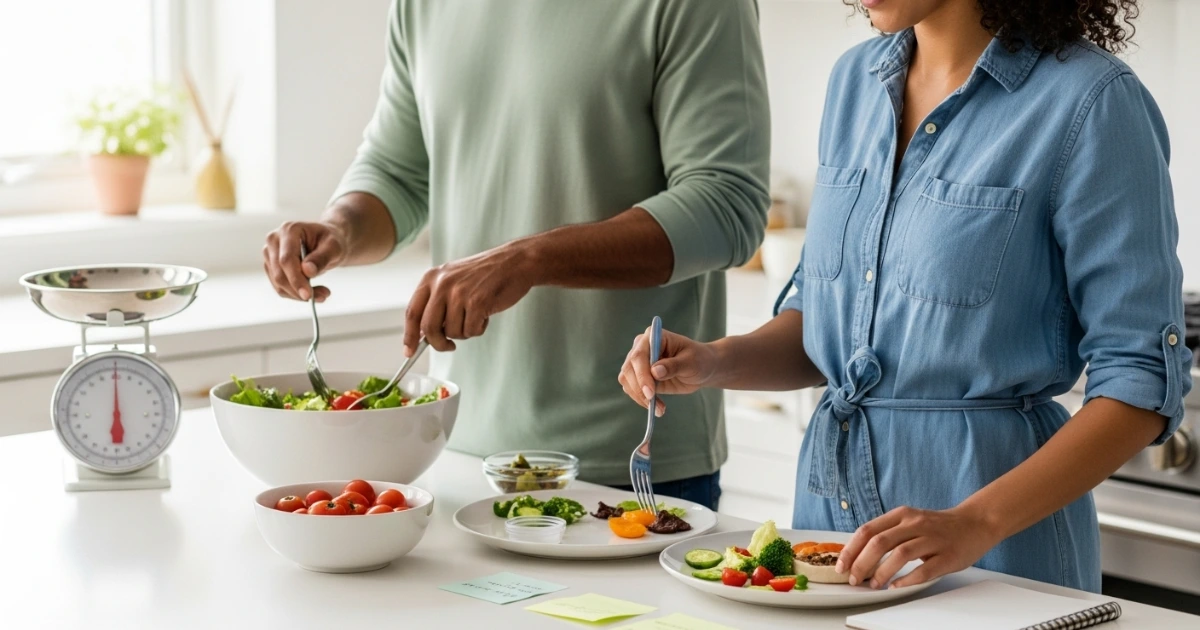 Preparo de refeições saudáveis e porções controladas na cozinha