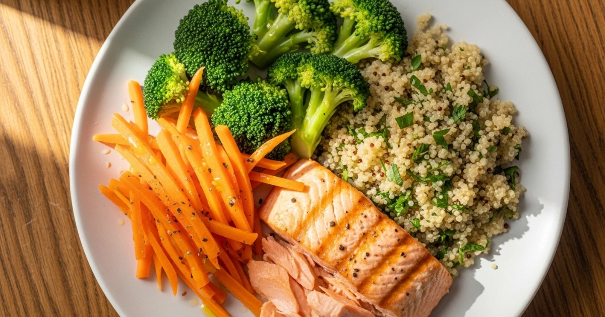 Prato de comida saudável com variedade de proteínas e vegetais