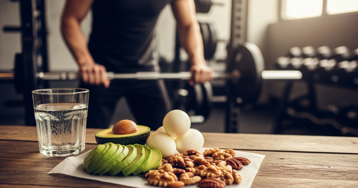 Atleta treinando com uma refeição cetogênica ao lado: ovos, abacate e nozes.