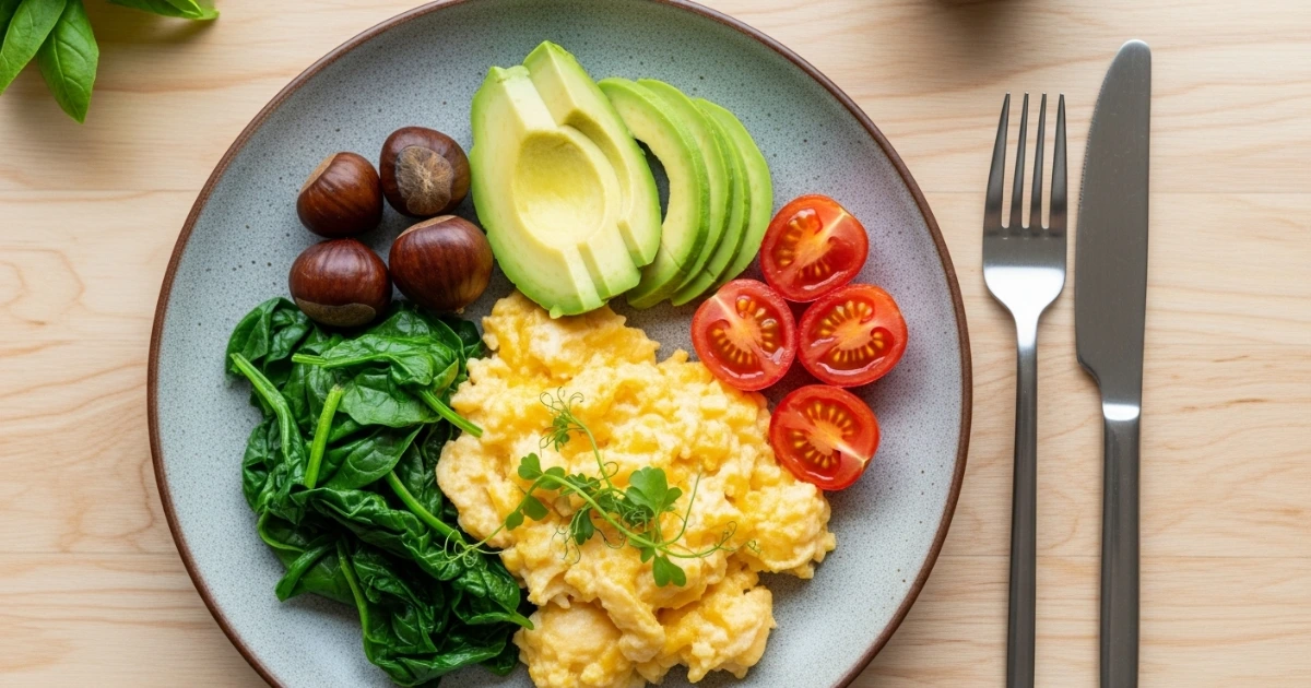 Café da manhã low‑carb com ovos mexidos, espinafre e abacate em prato rústico.