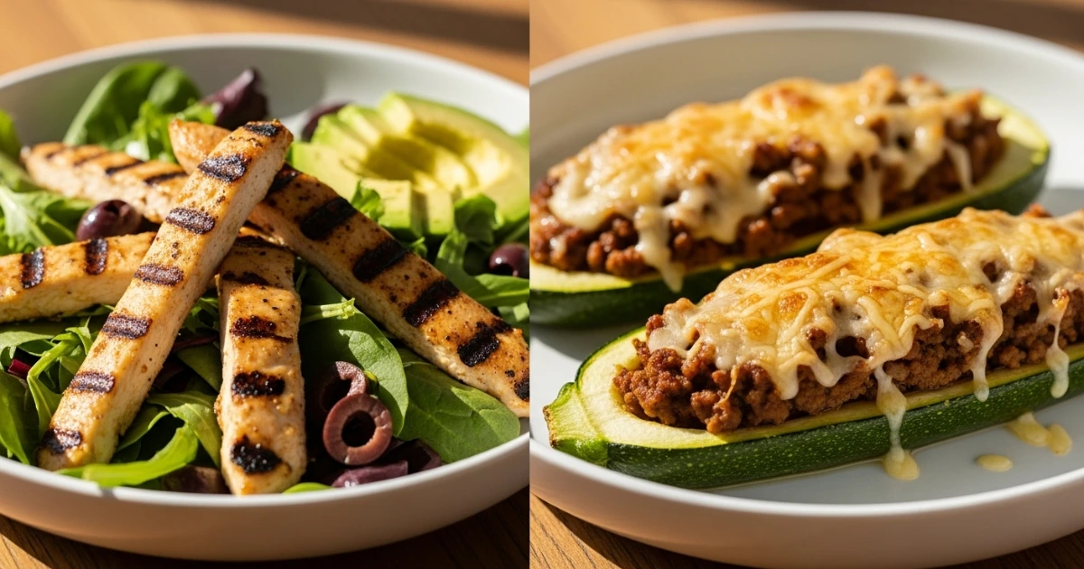 Prato com salada de frango e abobrinha recheada low‑carb, servidos em cerâmica.