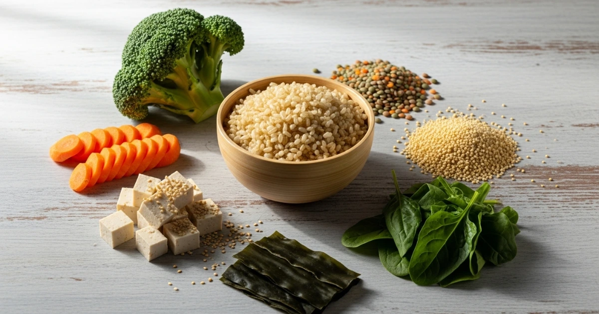 Ingredientes da dieta macrobiótica - grãos integrais, vegetais frescos e leguminosas organizados harmoniosamente