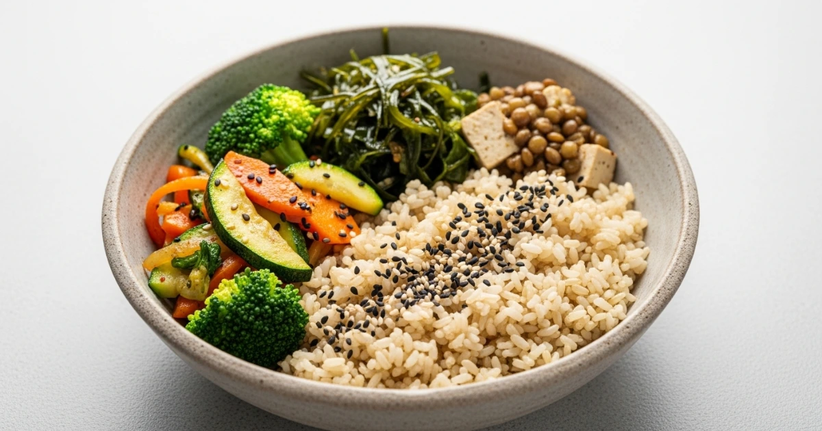 Prato macrobiótico equilibrado com arroz integral, vegetais coloridos e leguminosas servido em tigela de cerâmica