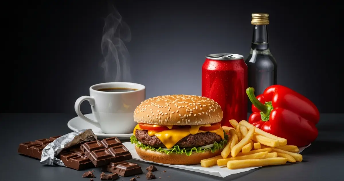 Alimentos que pioram o refluxo — frituras, chocolate e bebidas com cafeína