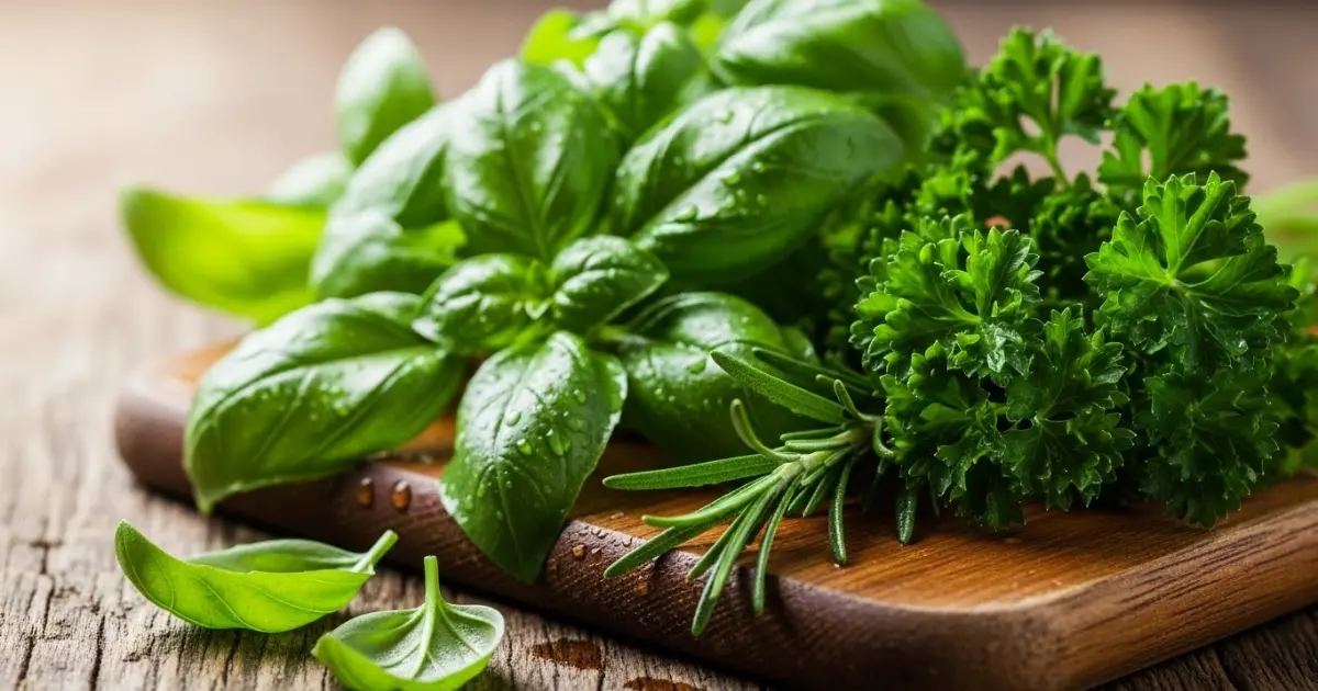 Ervas frescas e temperos naturais sobre uma tábua de madeira, substituindo o uso excessivo de sal.