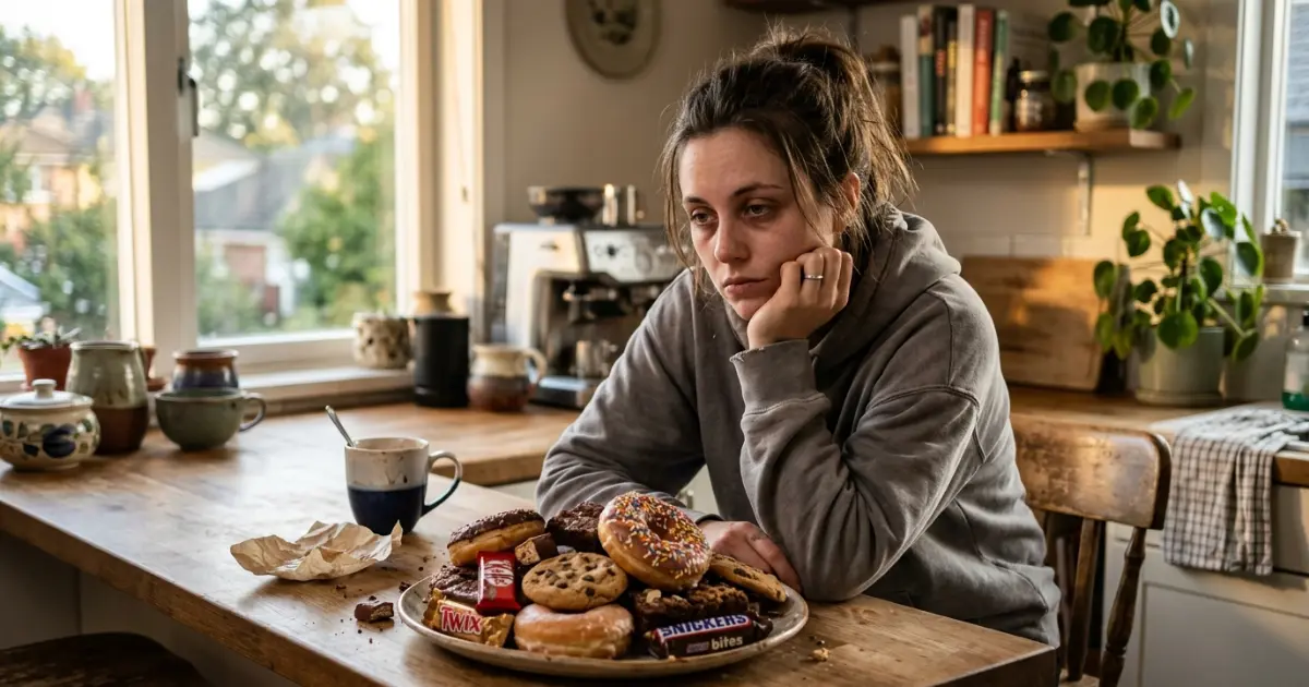 Mulher com aspecto cansado e estressado segurando a cabeça em frente a pratos repletos de doces e massas ricas em carboidratos