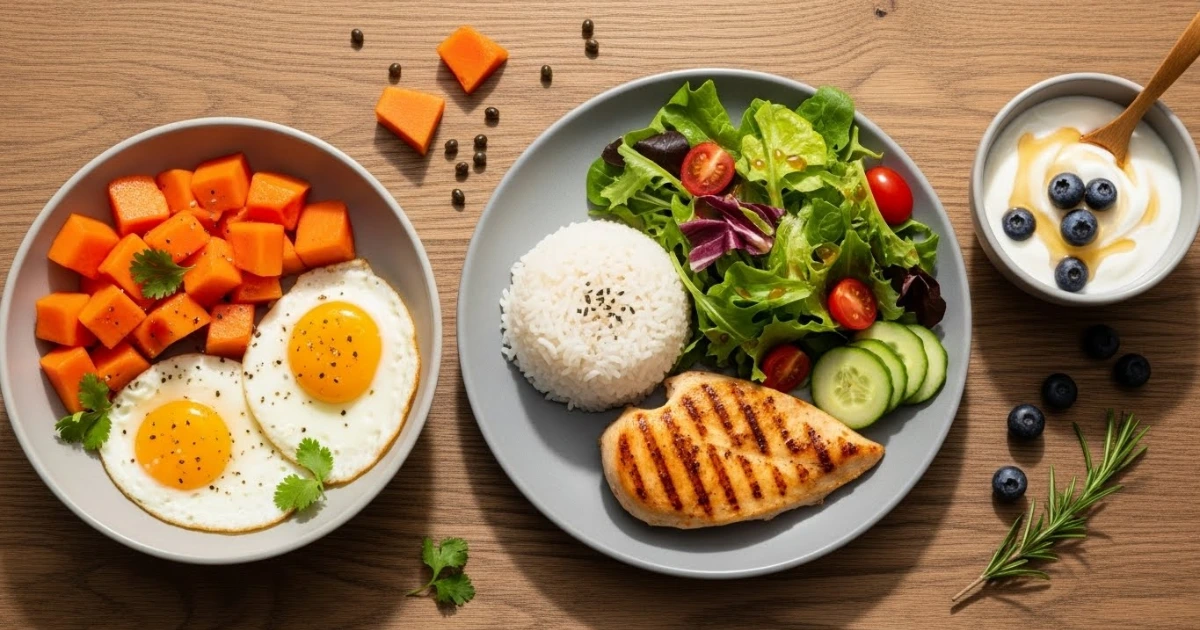 Exemplo visual de um cardápio diário saudável e fracionado