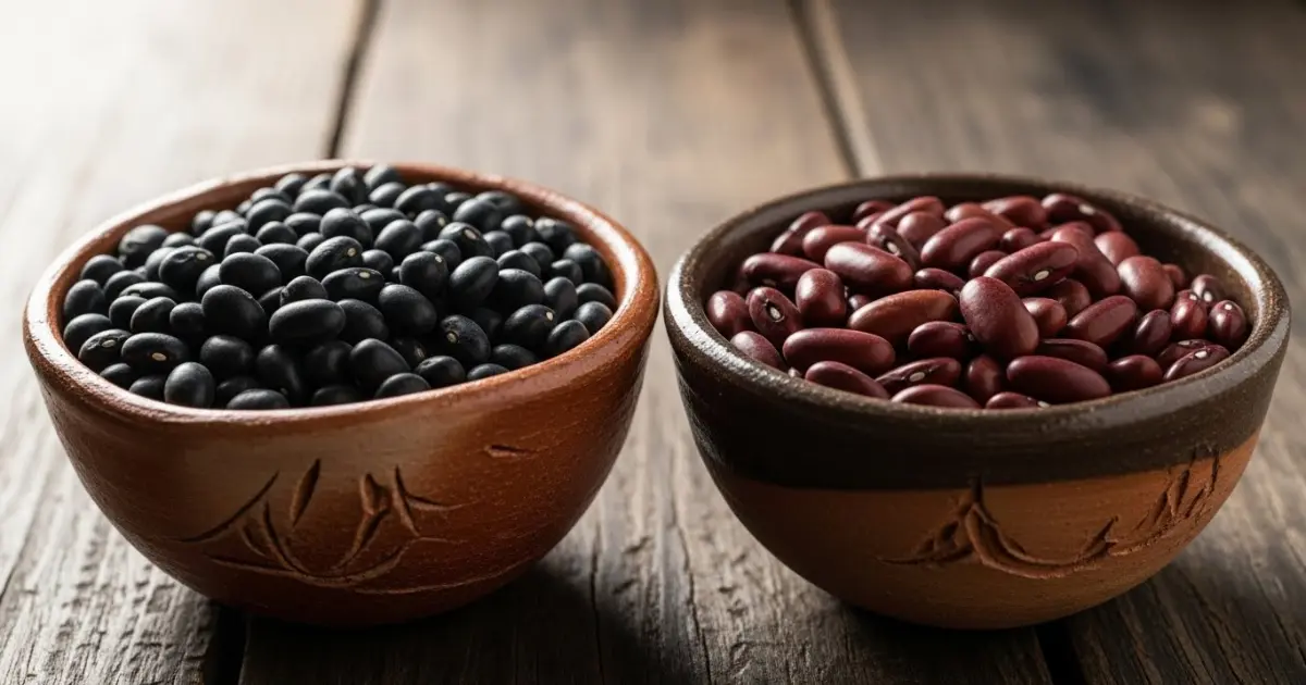 Feijões pretos e vermelhos em tigelas rústicas