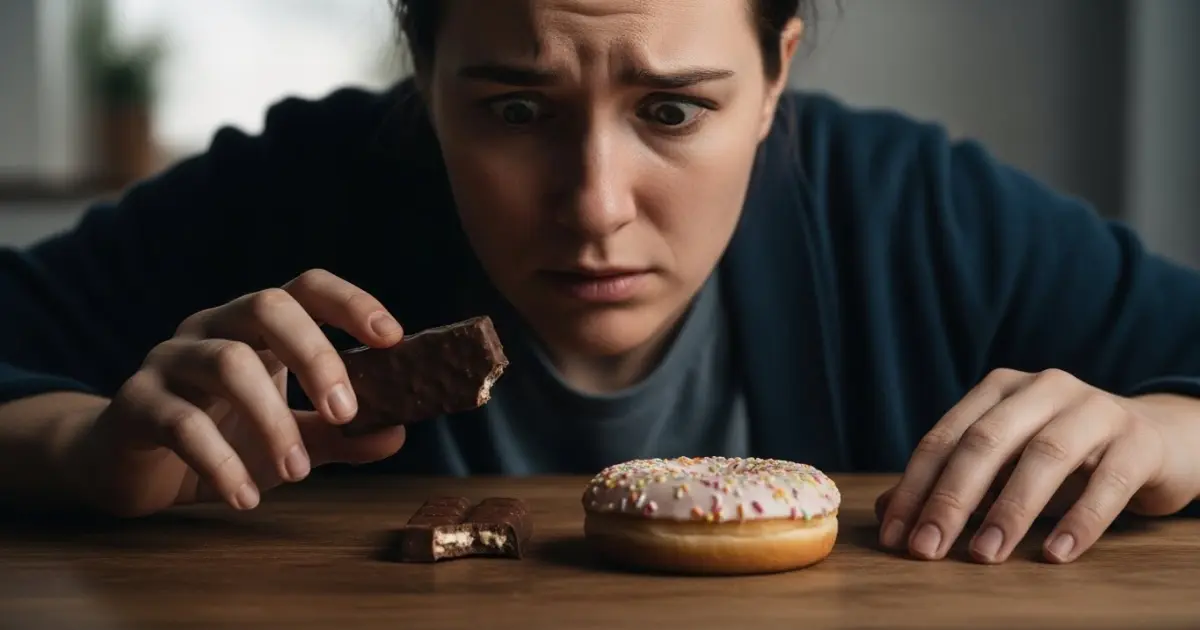 Pessoa estressada buscando conforto em alimentos doces, representando a fome emocional