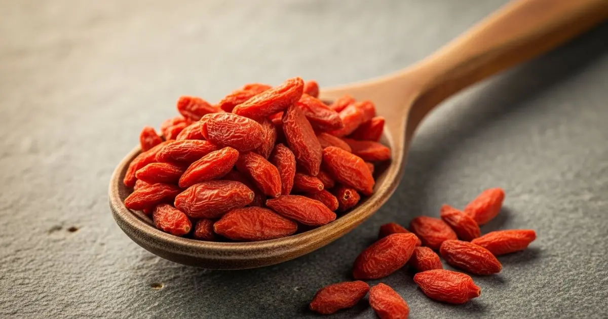 Goji berries secas em uma colher de madeira