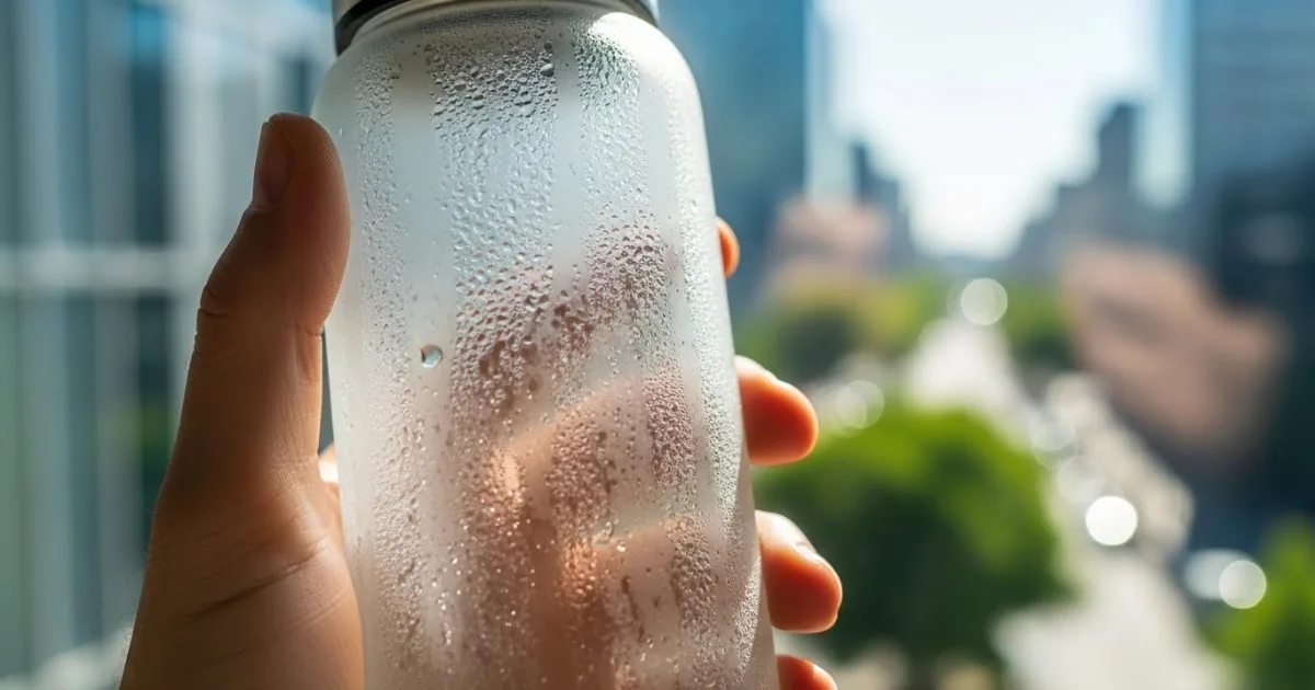 Pessoa segurando uma garrafa de água reutilizável para manter a hidratação durante a viagem
