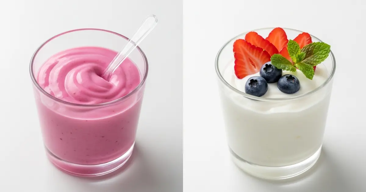 Comparação entre iogurte grego com açúcar e iogurte natural desnatado com frutas