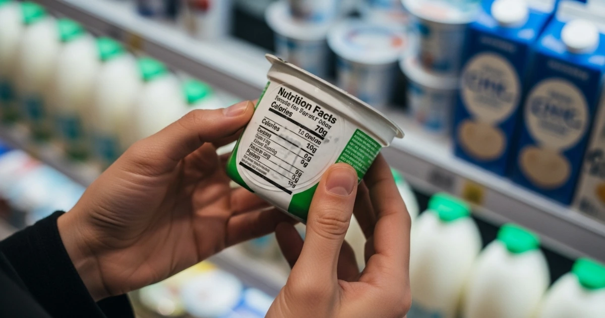 Mãos segurando um pote de iogurte enquanto leem o rótulo nutricional