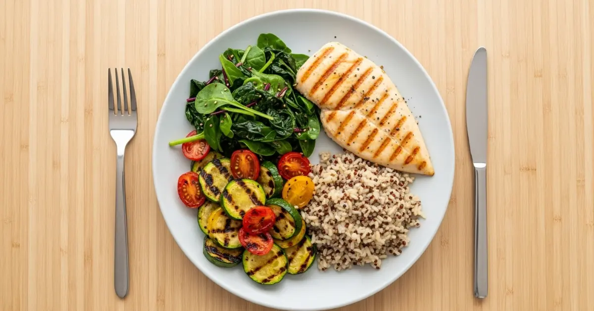 Prato balanceado para janela de alimentação: proteína, vegetal e grãos integrais