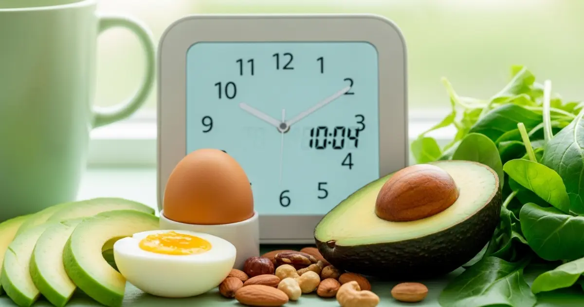 Relógio e alimentos saudáveis indicando janela de alimentação