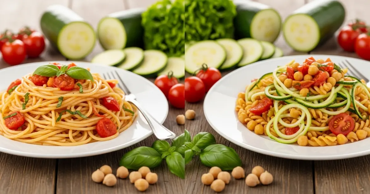 Comparação visual de macarrão de trigo tradicional e macarrão de abobrinha ou leguminosas