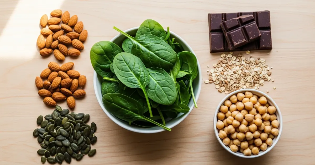 Flat lay de alimentos ricos em magnésio: espinafre, amêndoas, sementes, chocolate amargo