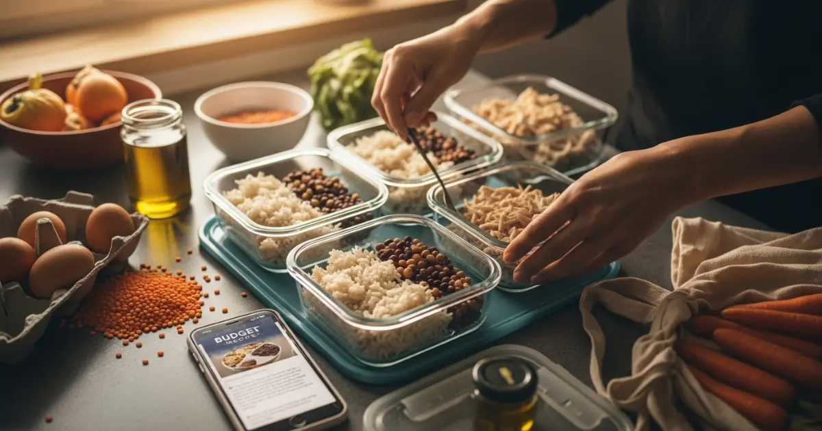 Mãos organizando marmitas em potes de vidro na bancada da cozinha
