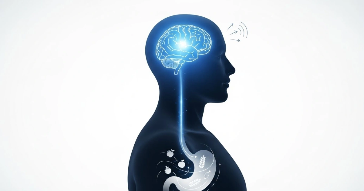 Ilustração do mecanismo de saciedade no cérebro e estômago