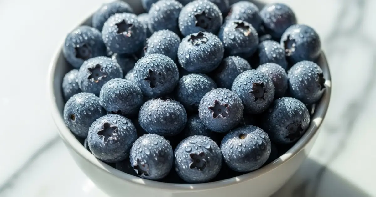 Mirtilos frescos em uma tigela, ricos em antioxidantes