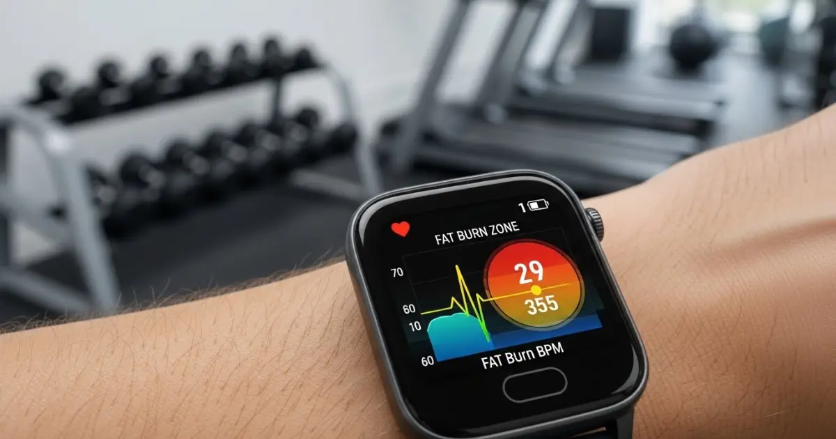 Smartwatch exibindo zona de frequência cardíaca durante o treino na academia