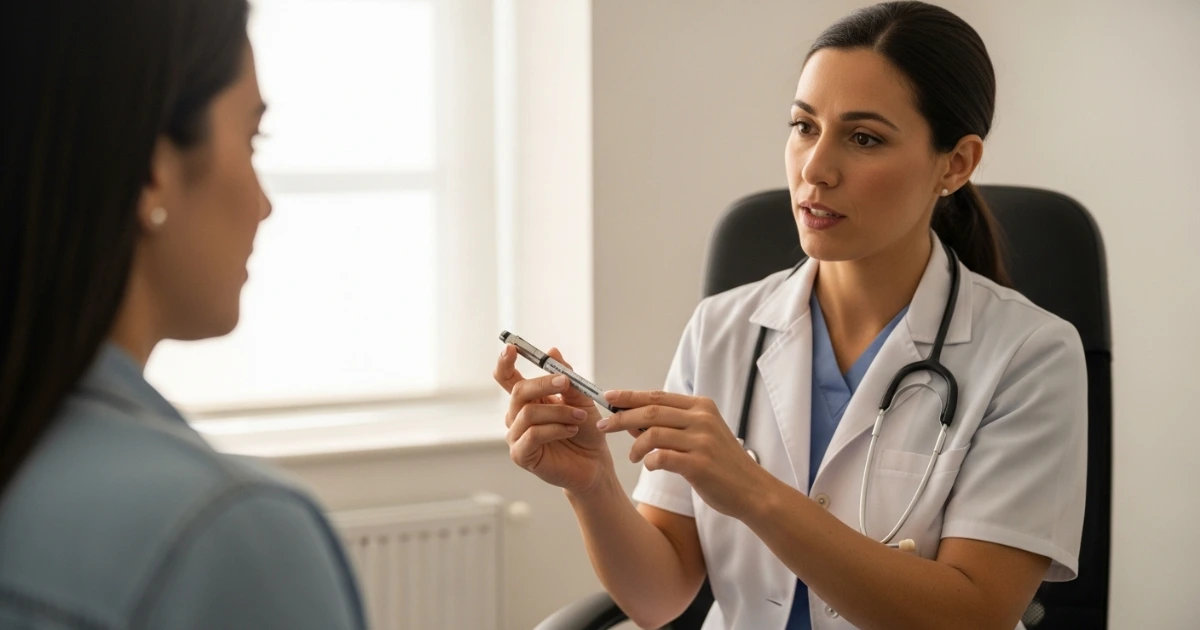 Profissional de saúde explicando a aplicação de uma caneta injetora a um paciente em consulta clínica