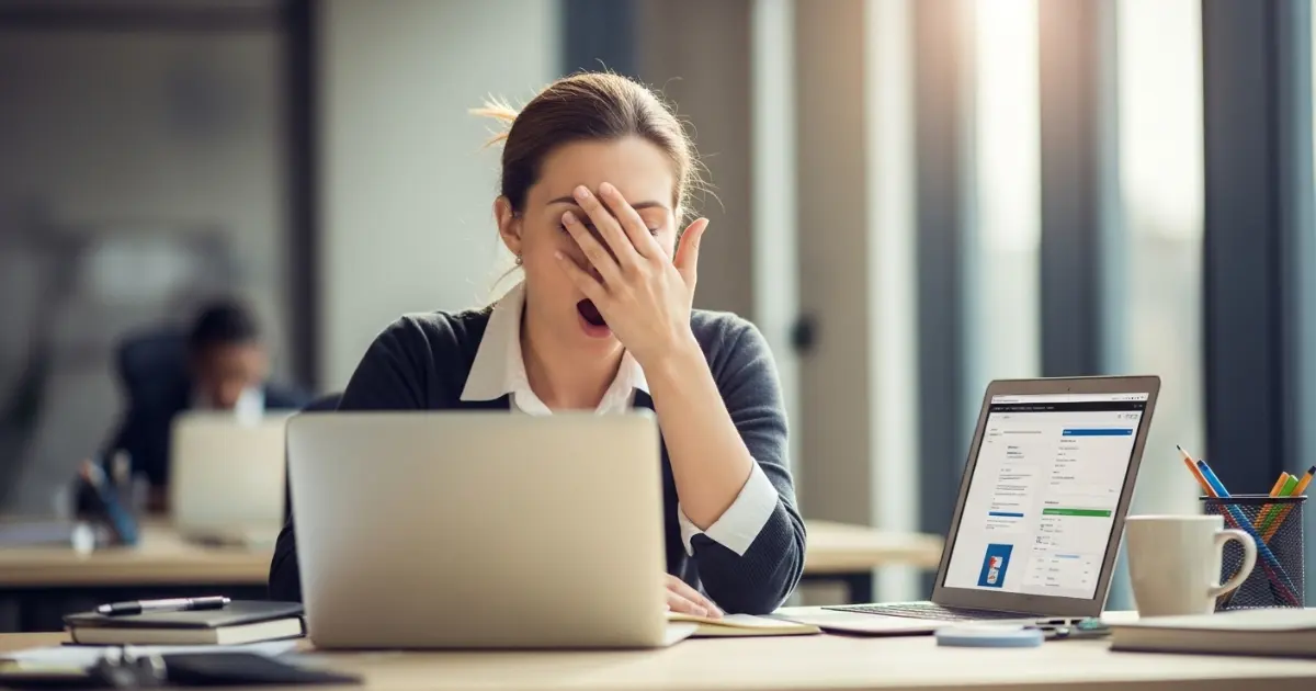 Mulher no escritório demonstrando cansaço e bocejando após o almoço